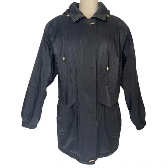 Black Hooded Jacket Warm Medium Weight Dressy Jacket Shimmer Black Fabric